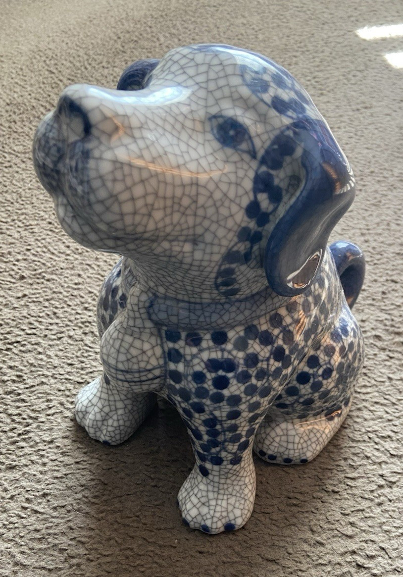 VTG ANDREA BY SADEK BLUE & WHITE SPECKLED/CRACKLED SITTING DOG FIGURE/STATUE