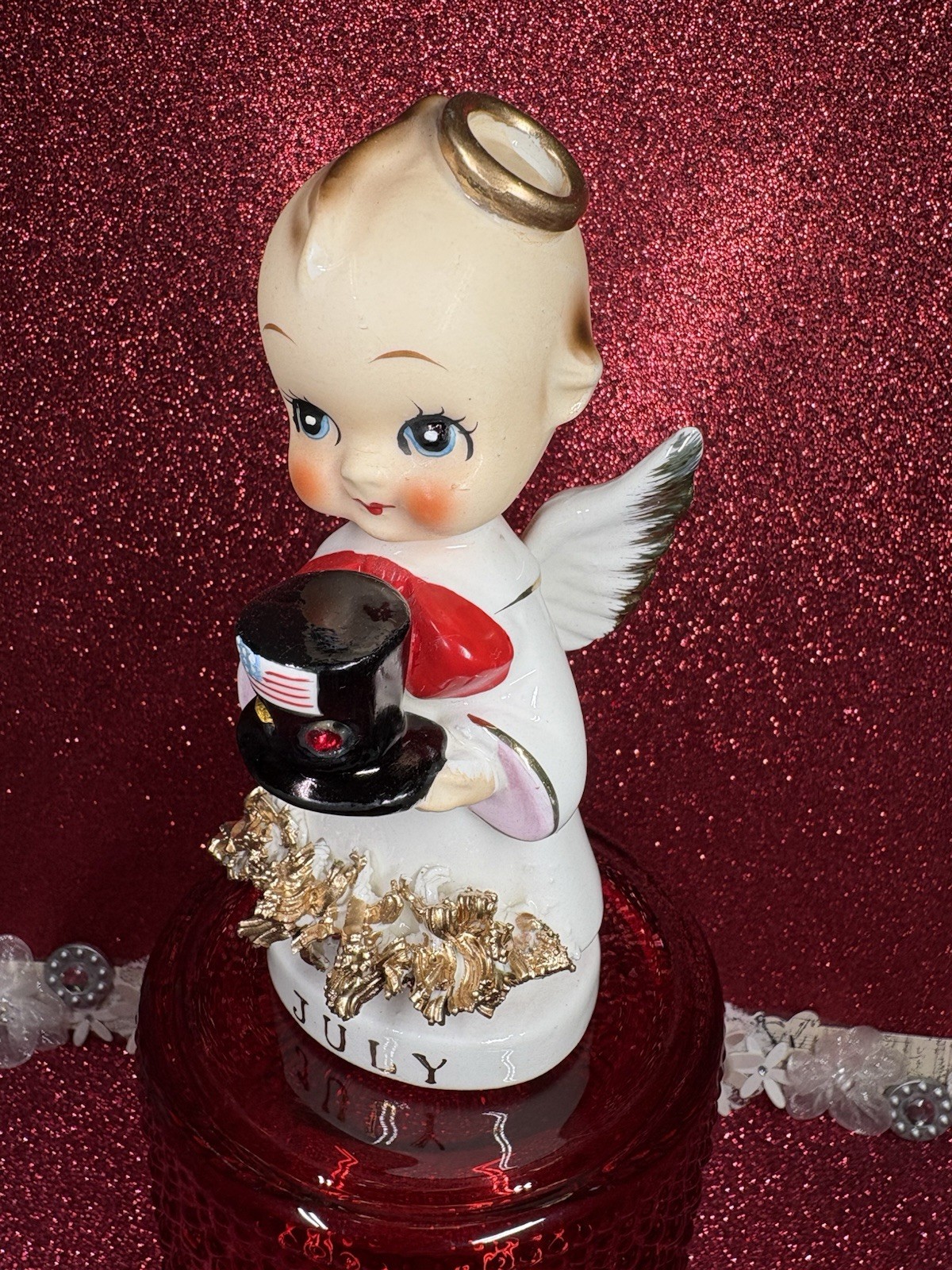 Vtg Arnart 4th Of July Kewpie Angel W/ Rhinestone & Flag Top Hat Figurine Japan