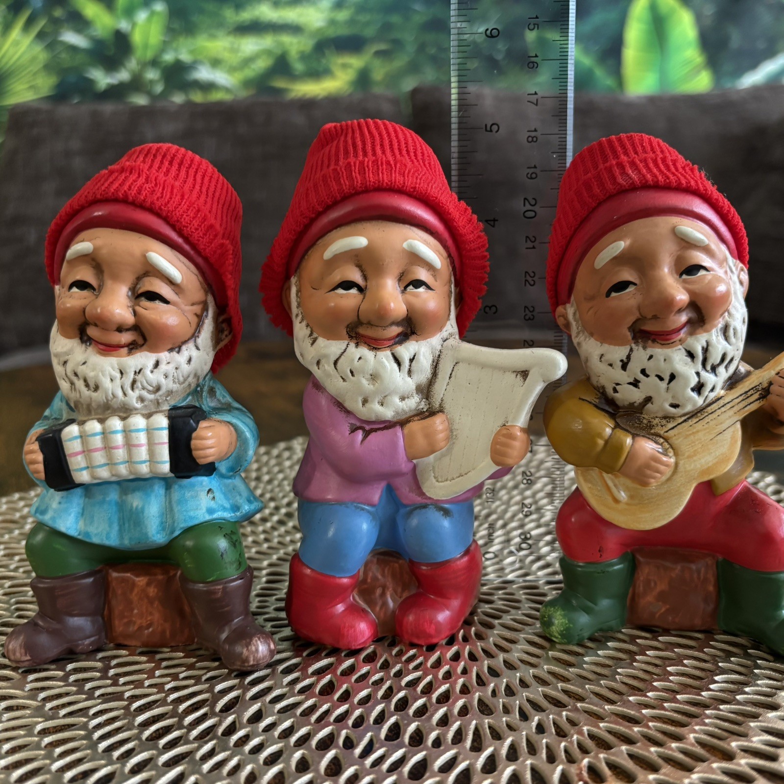 Vintage Figurines 3 Gnomes Playing Instruments Knitted Hats 5”
