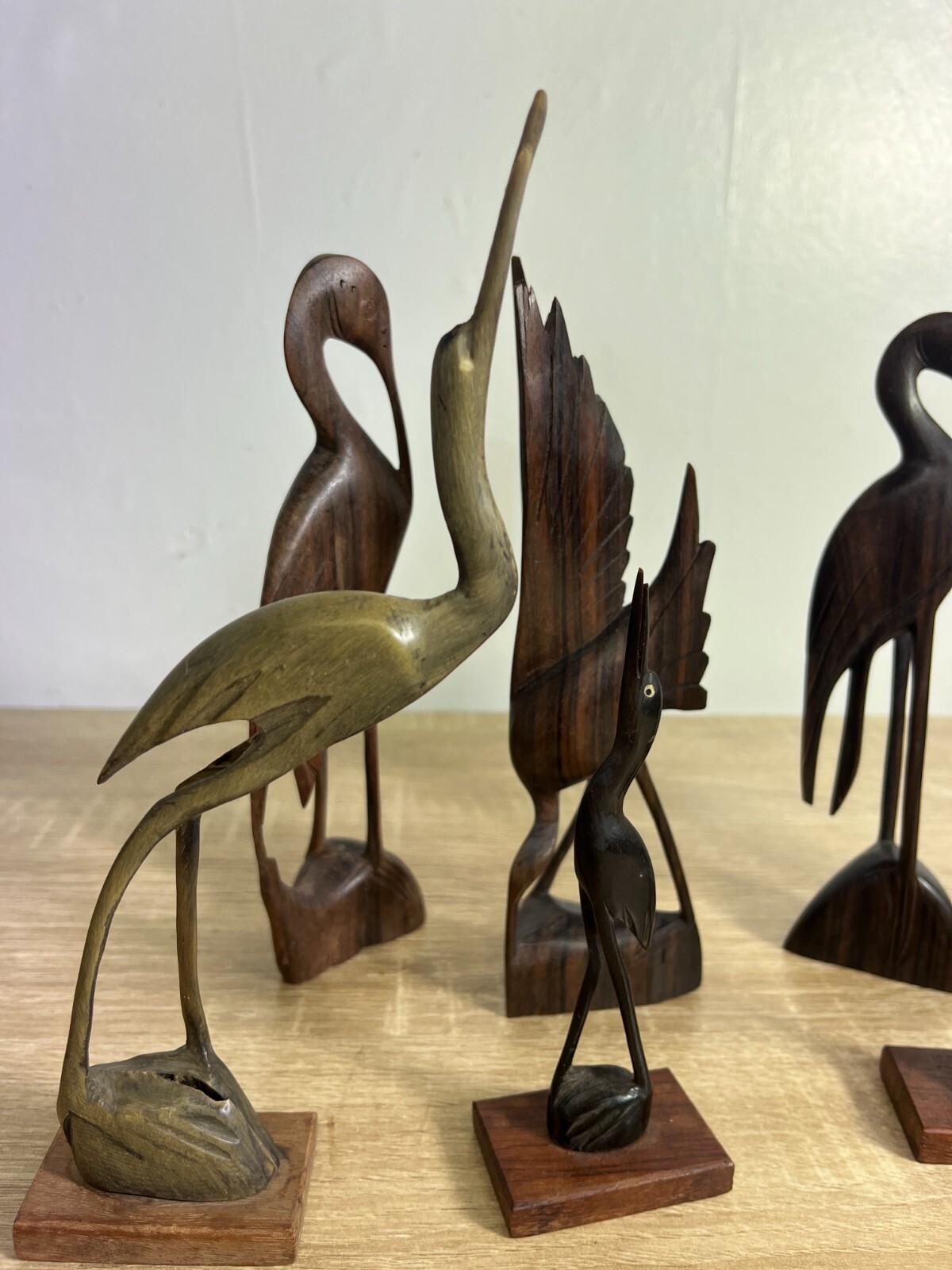 Large Makonde Style Hand Carved Crane Bird Figurines Vintage African Blackwood
