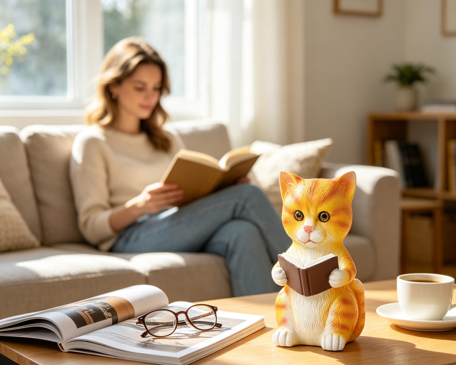 5 Inch Orange Literary Reading Cat Statue Figurine Bookshelf Decor Gifts