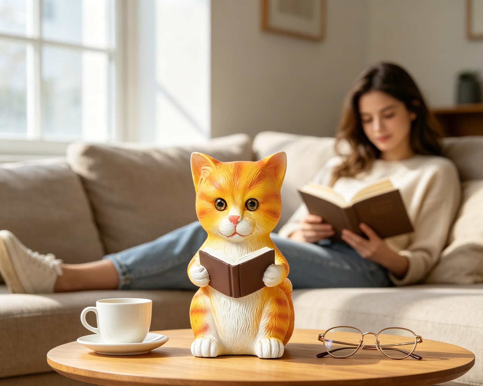 5 Inch Orange Literary Reading Cat Statue Figurine Bookshelf Decor Gifts