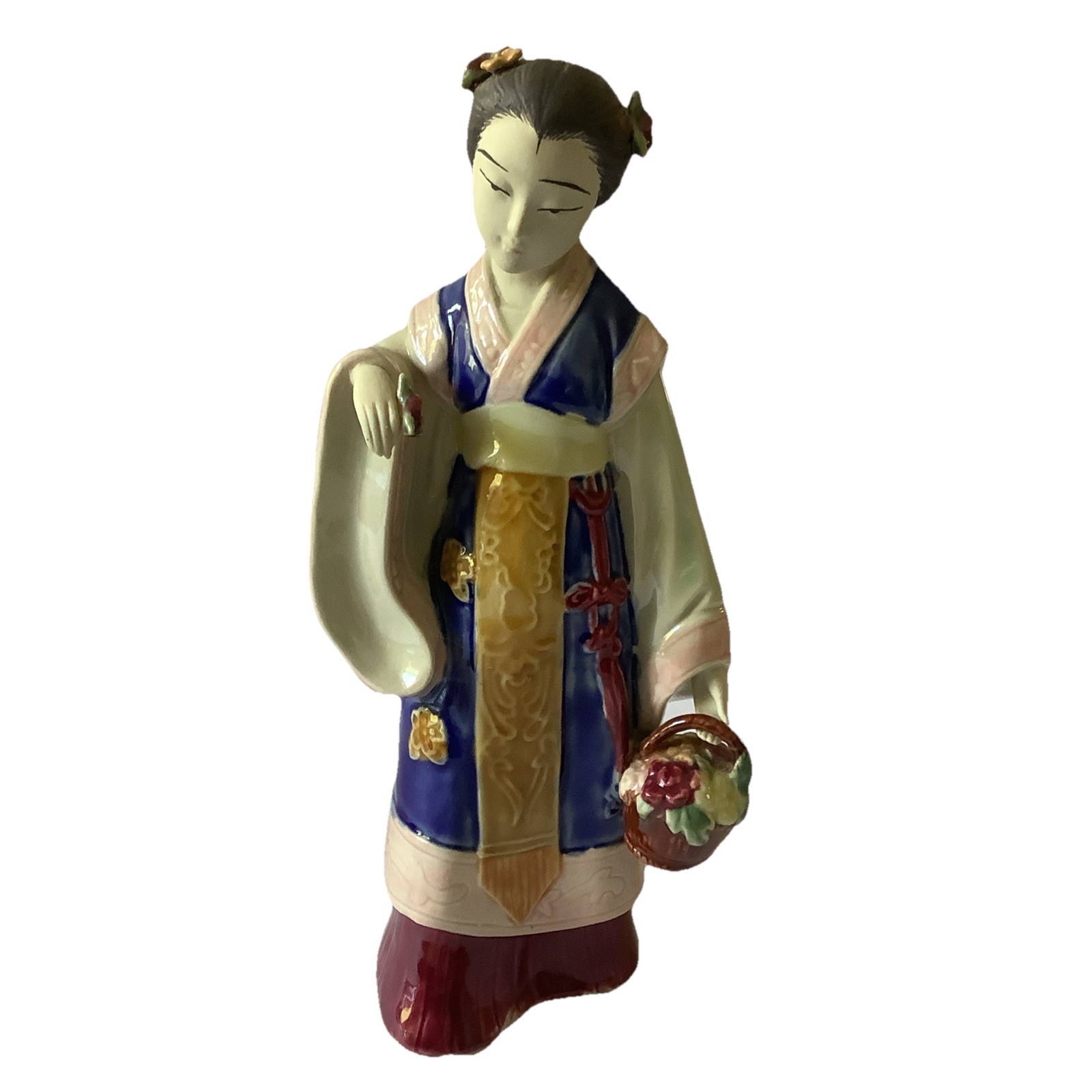 Vintage Japanese Ceramic Statue Girl with Flowers 10″ Tall Matte & Glossy Finish