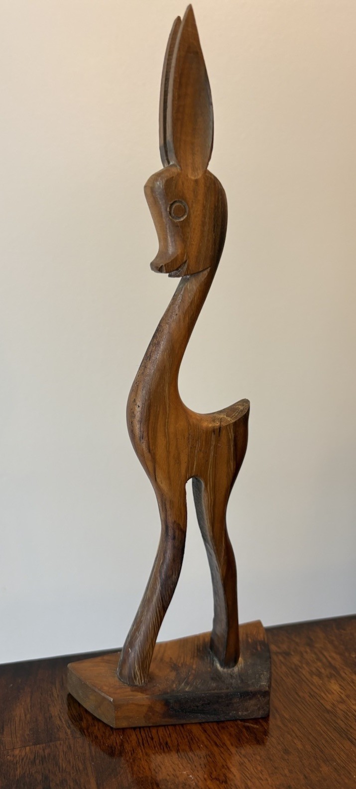 Vintage Hand Carved Wooden Deer Figurine MCM 10 3/4 In