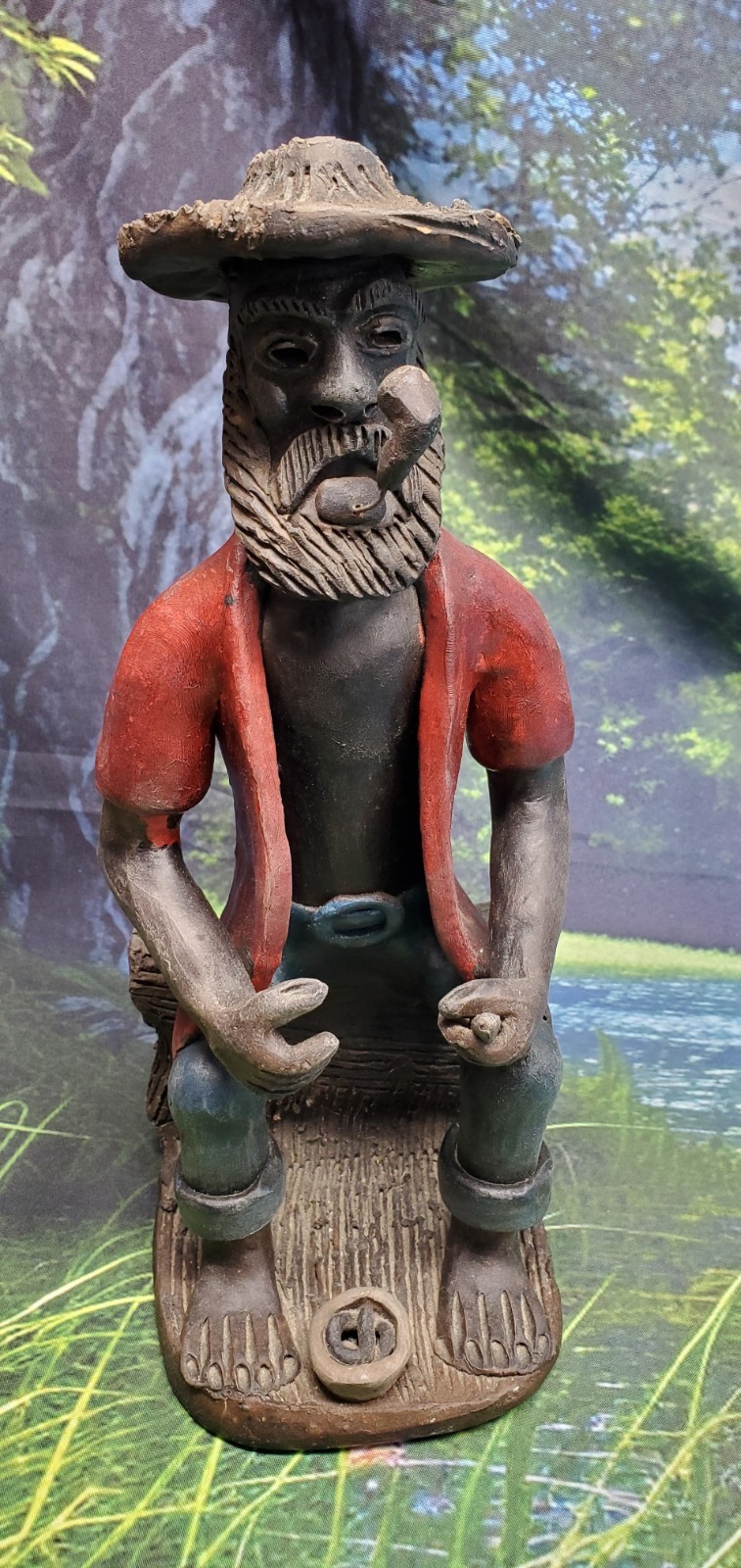 Vintage 12″ Folk Art Statue Figurine Old Man Pipe Beard Hat Sitting On Log 4.9