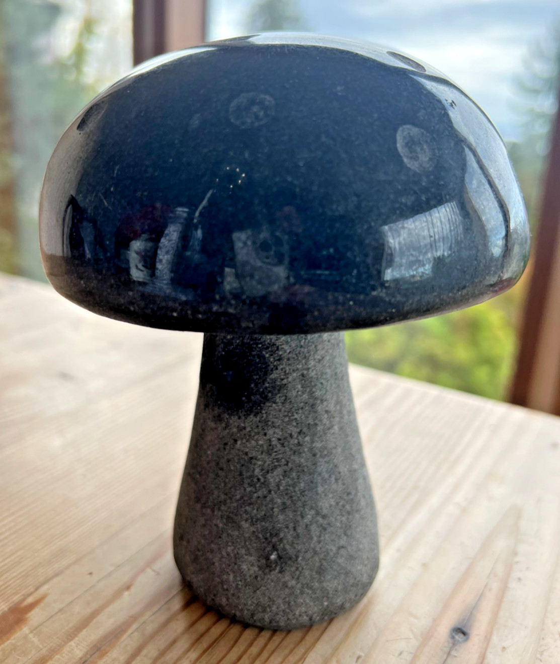 Rare Hand Carved Stone (Granite?) Mushroom Sculpture Deep Green-Gray Color