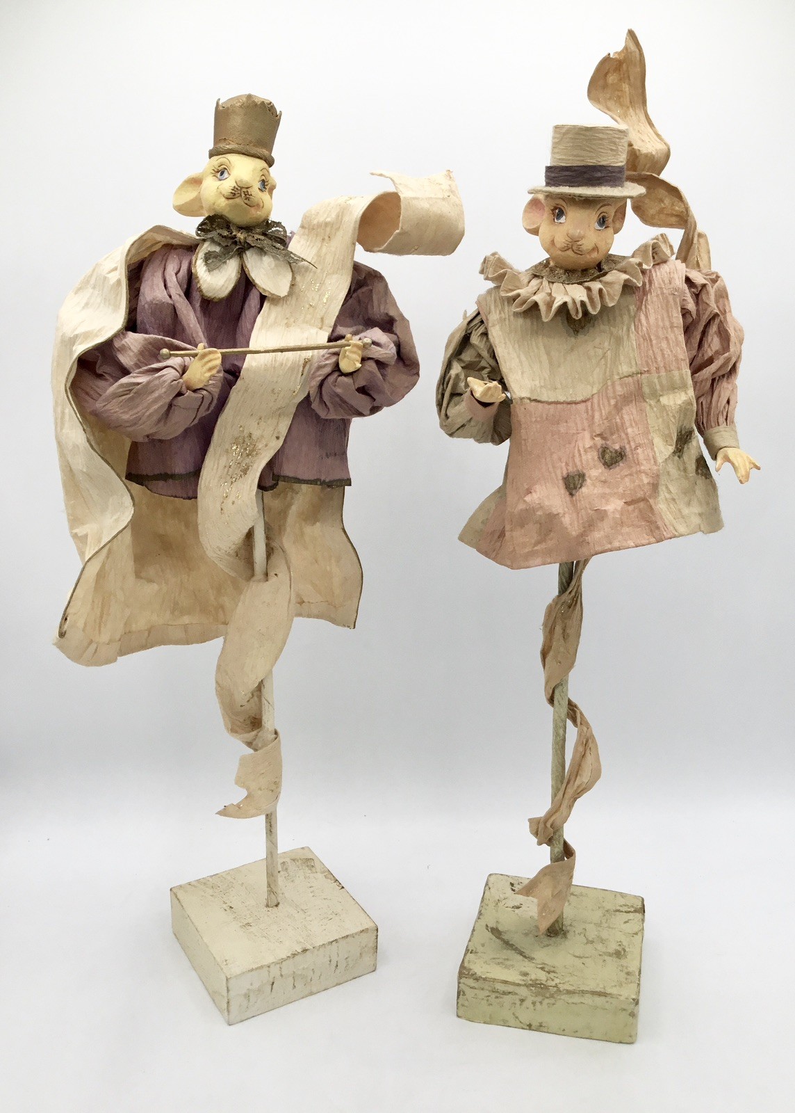 Handmade Primitive Folk Art Pair of Whimsical Paper-mache Rabbit sculptures 15”