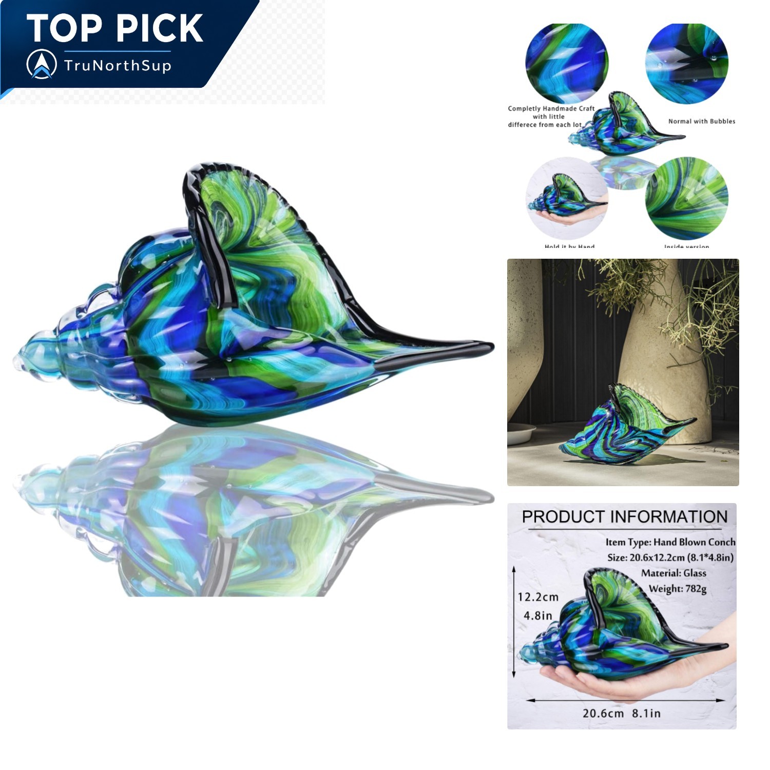 8 Inch Blue Glass Conch Shell Figurine Hand Blown Seashell Art Sculpture Home…