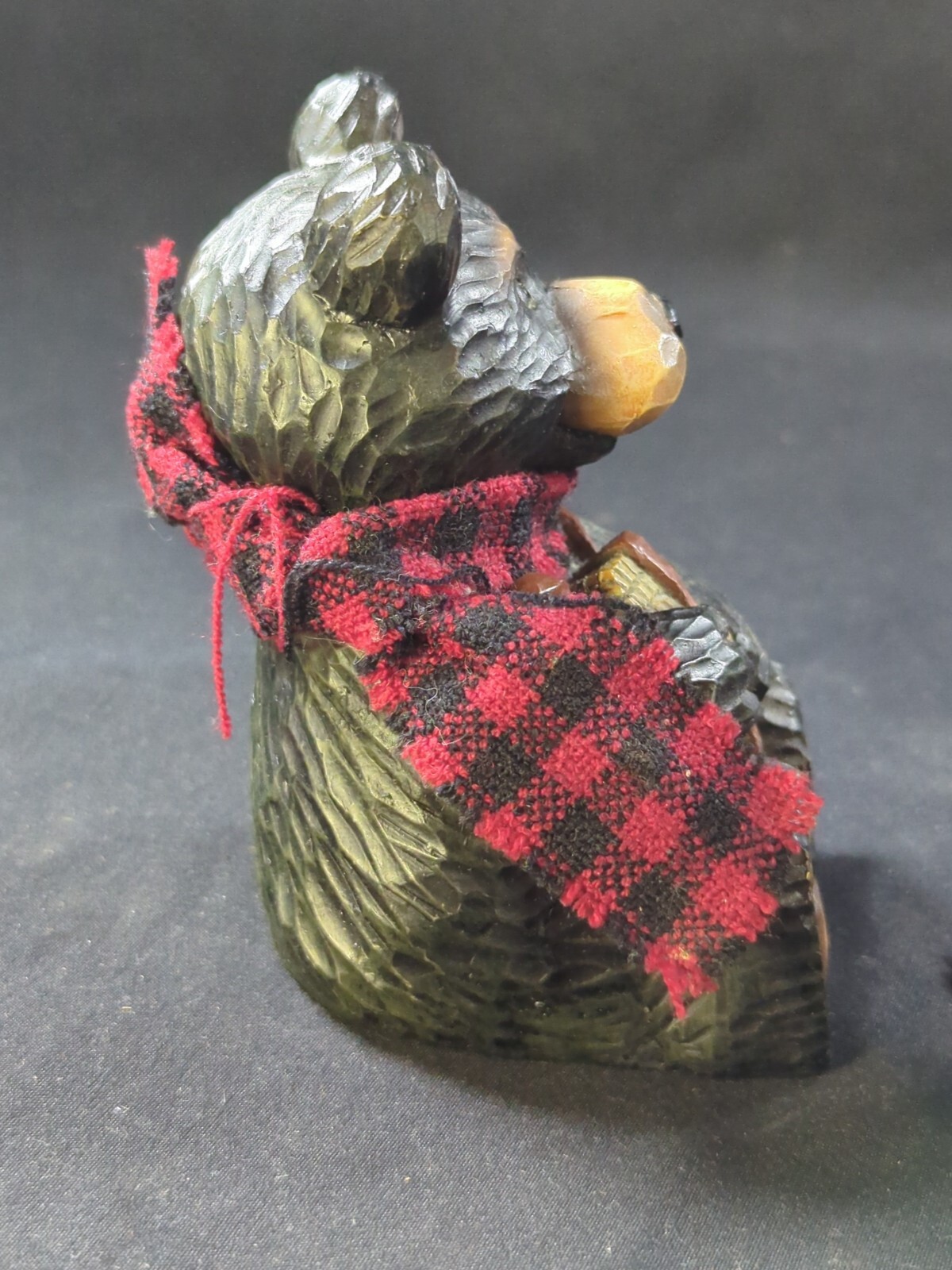 Set 3 Young’s Bears Black Red Plaid Scarf Resin Carved Look Cabin Decor Figure