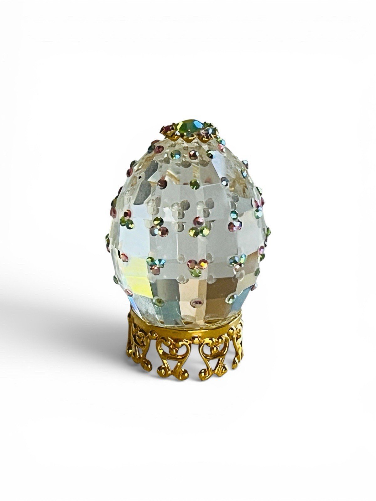 Vintage Crystal Aurora Borealis Jeweled Egg Filigree Stand