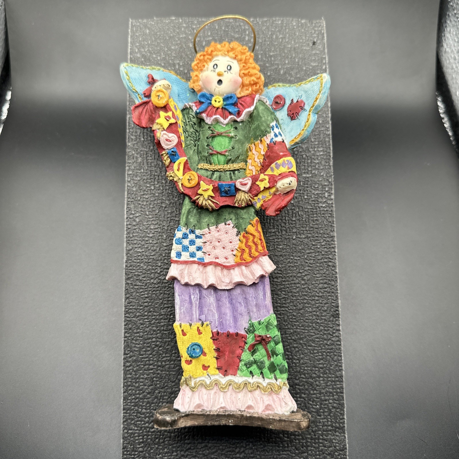 Hand Painted Angel Quilted Patchwork Dress Signed Primitive Christmas