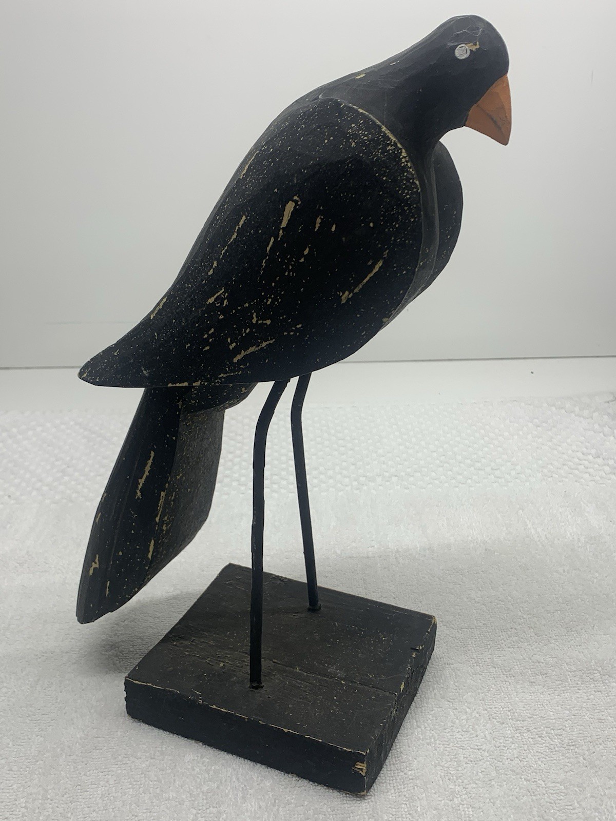 Folk Art Wooden Black Bird Crow Statue Whimsical Art Figure Wood & Metal Legs