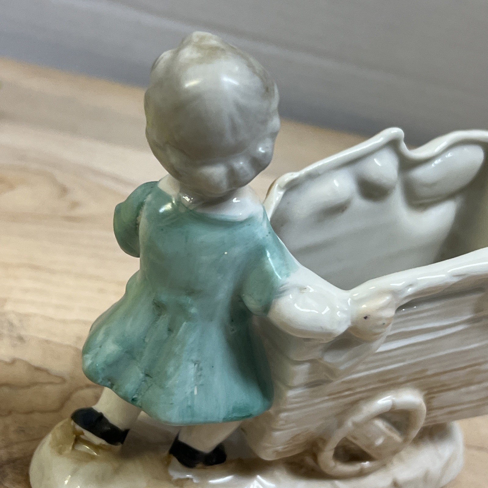 Vintage UCAGO 1950s Porcelain Figurine Vase #1352 Hand Painted Boy Pushing Cart