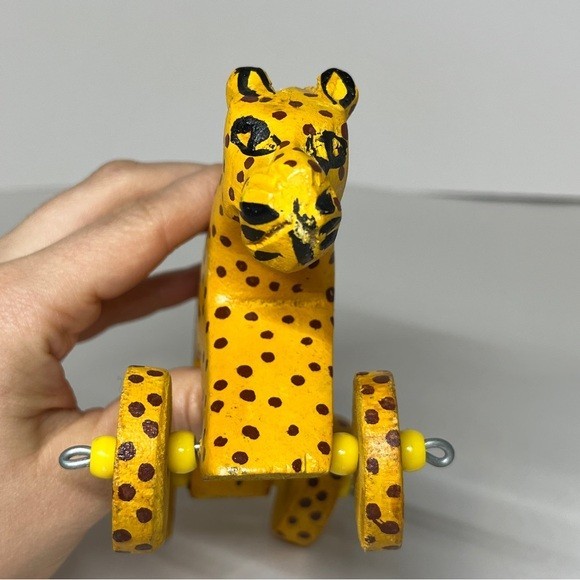 Toy Figure Cheetah Wooden Wood Hand Carved Painted On Wheels Folk Art African