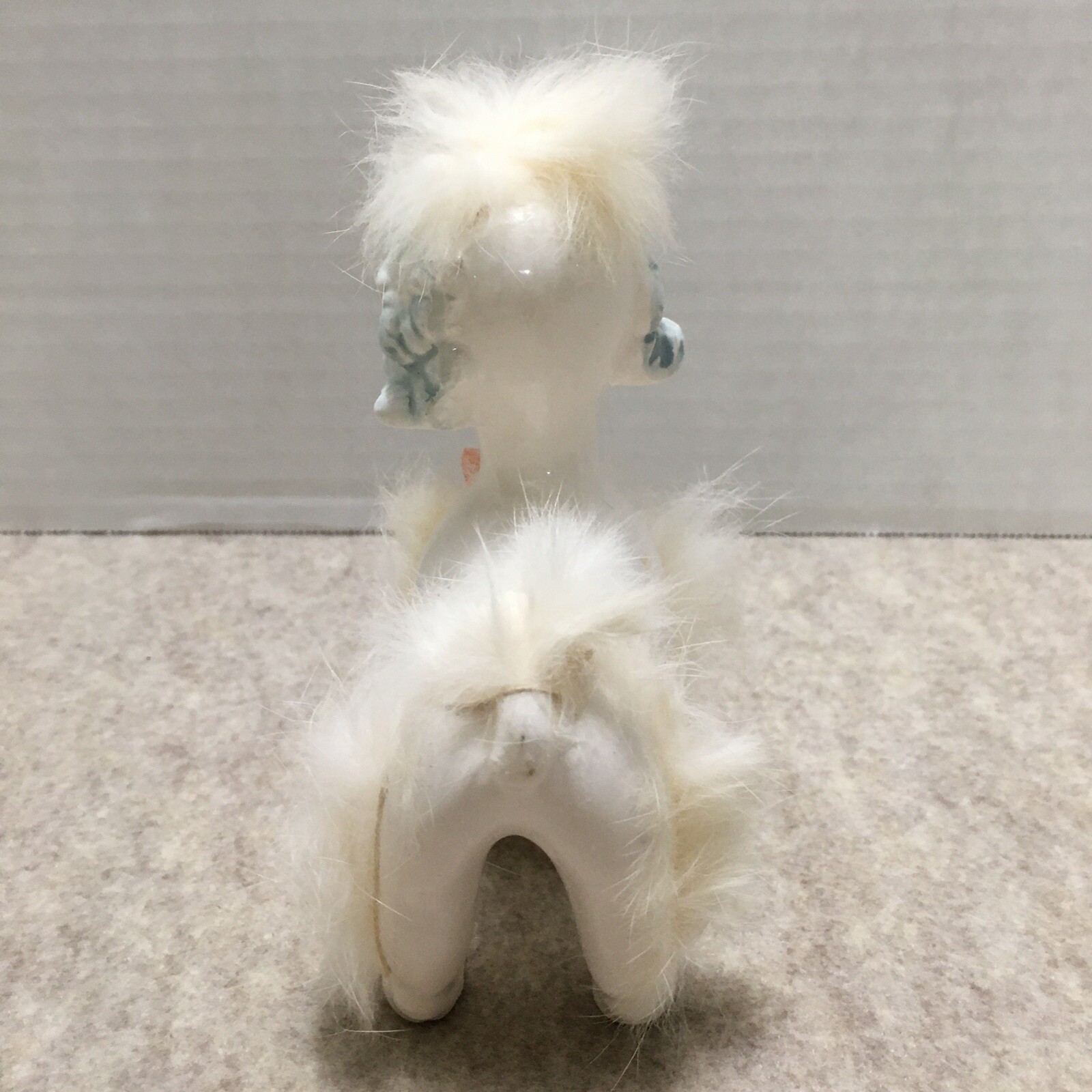 2 Giftcraft Poodle Ceramic Dogs White Angora Fur Figurines 5″ & 6″ Pink Bows