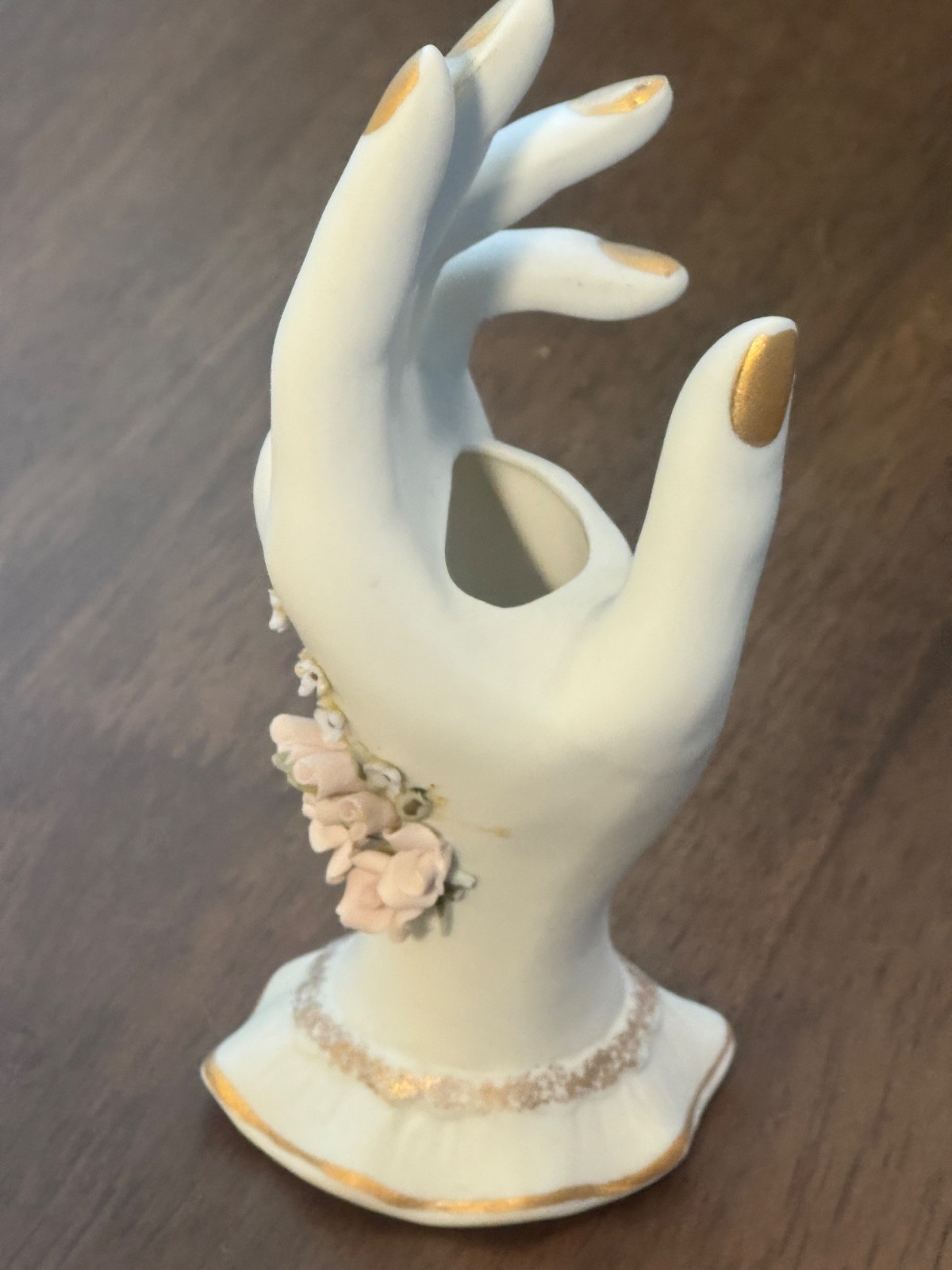 Vintage White Pink Gold Bridal Bouquet Hand Holding / Flowers Vase Hand Painted