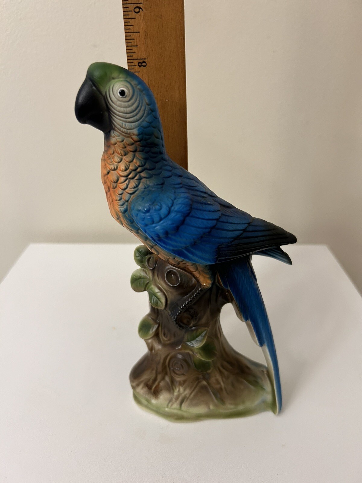 Stunning Vintage 8” Parrot Ceramic Green Blue Orange Bird Branch Figurine Japan