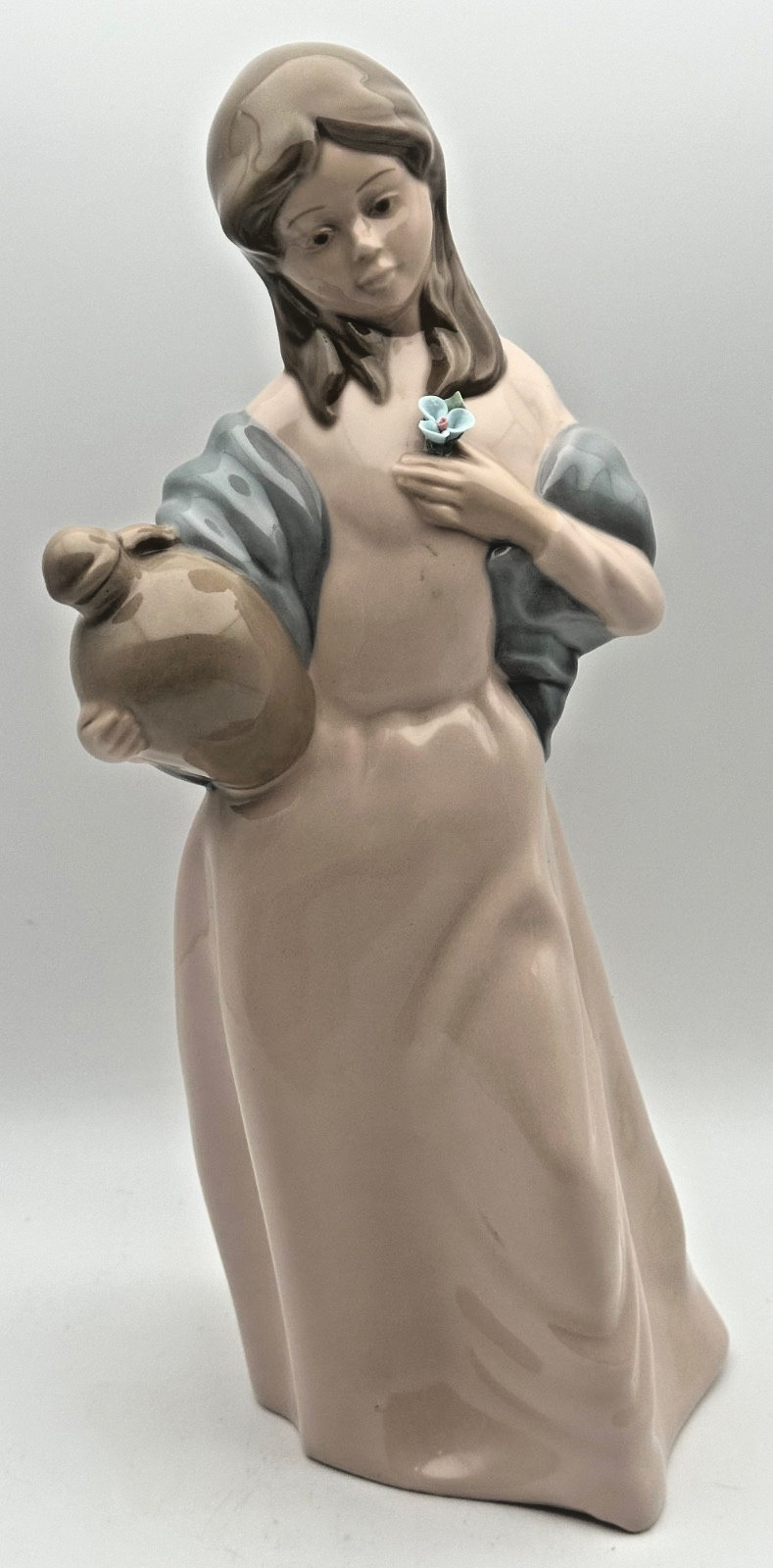 Reina Fine Porcelain Woman Figurine Mauve Dress Blue Shawl Flower Water Jug 11.5