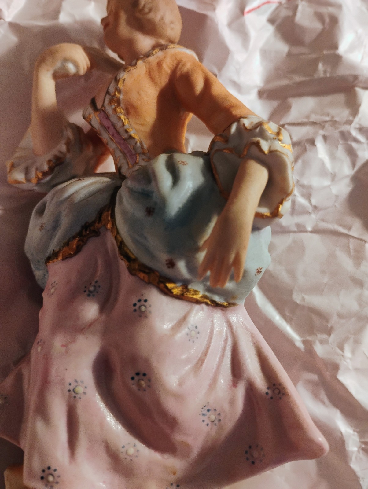 bisque colonial couple figures, gold trim, handpainted, detailed Maruri Japan
