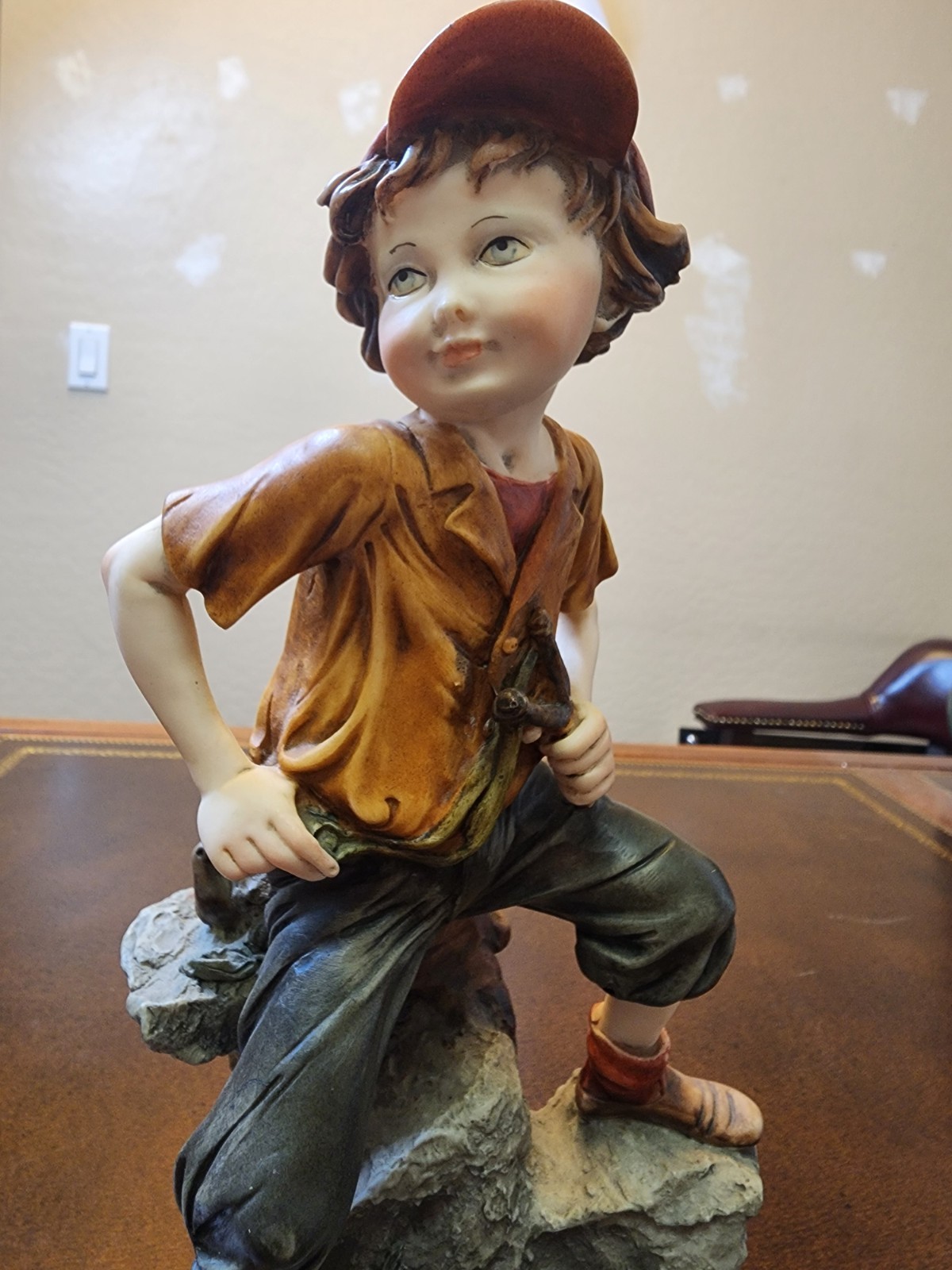 Italian Boy Ceramic Figurine Hand Painted Wooden Base Collectible