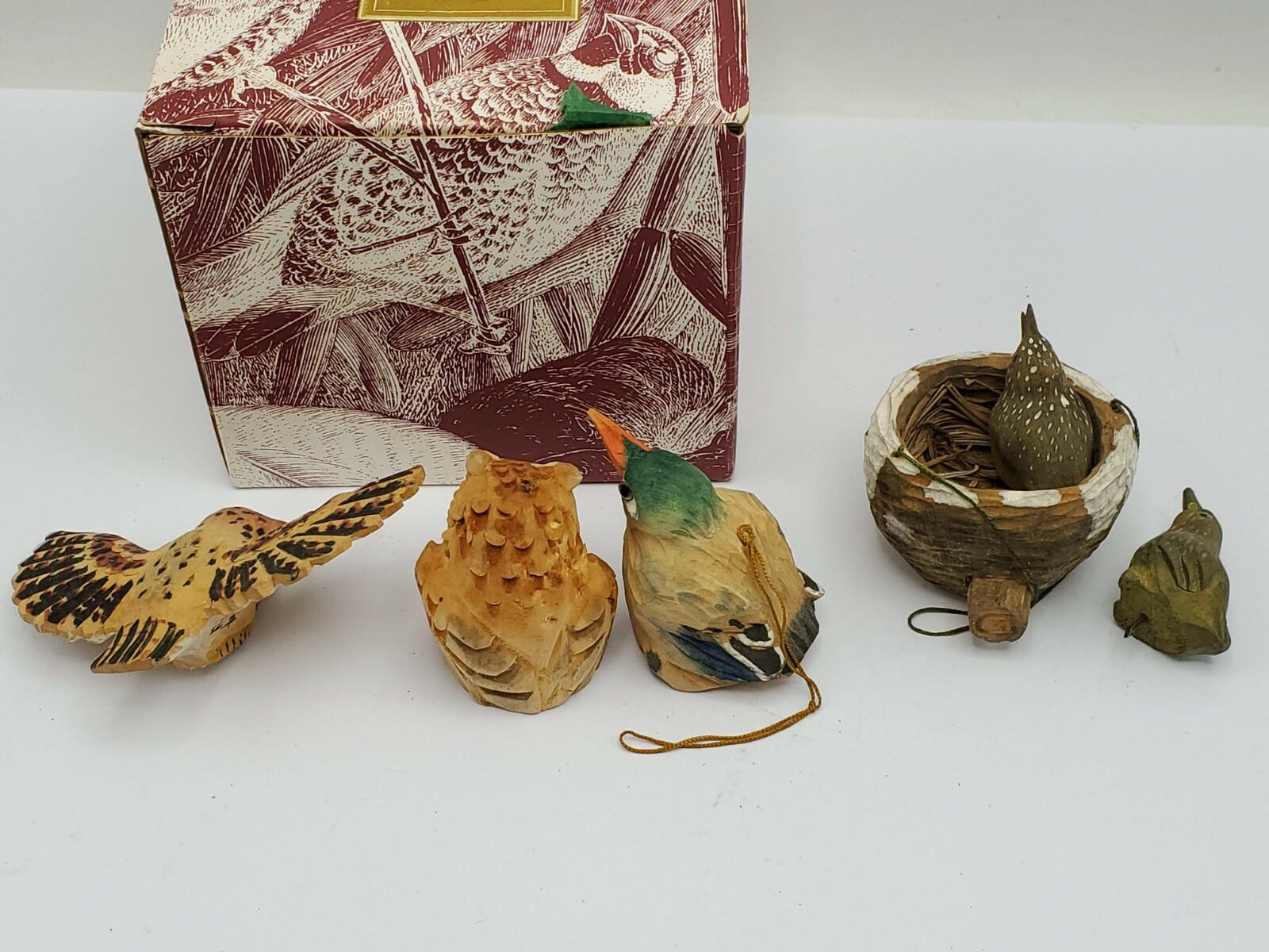 Lot of 4 Wood Carved Painted Bird Ornaments by The Nature Company Owls Kiwi