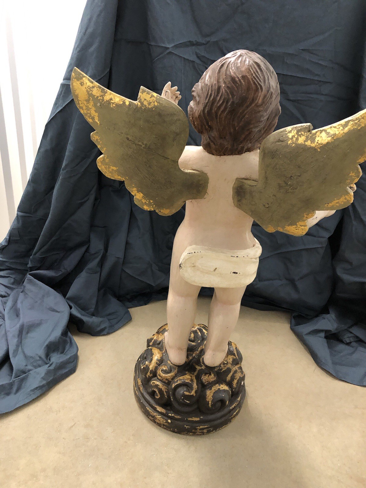 Large Vintage 28” Italian Cherub Putti Angel Composite Stands On Floral Base