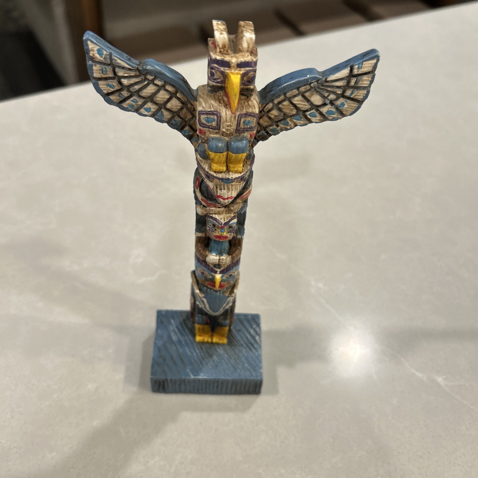 Native American Totem Pole Figurine Small, Painted Resin With Stylized Figures