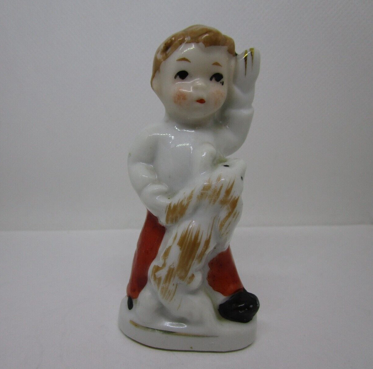 Vintage Japan Handpainted Porcelain Little Boy with Dog 3.5 inches tall