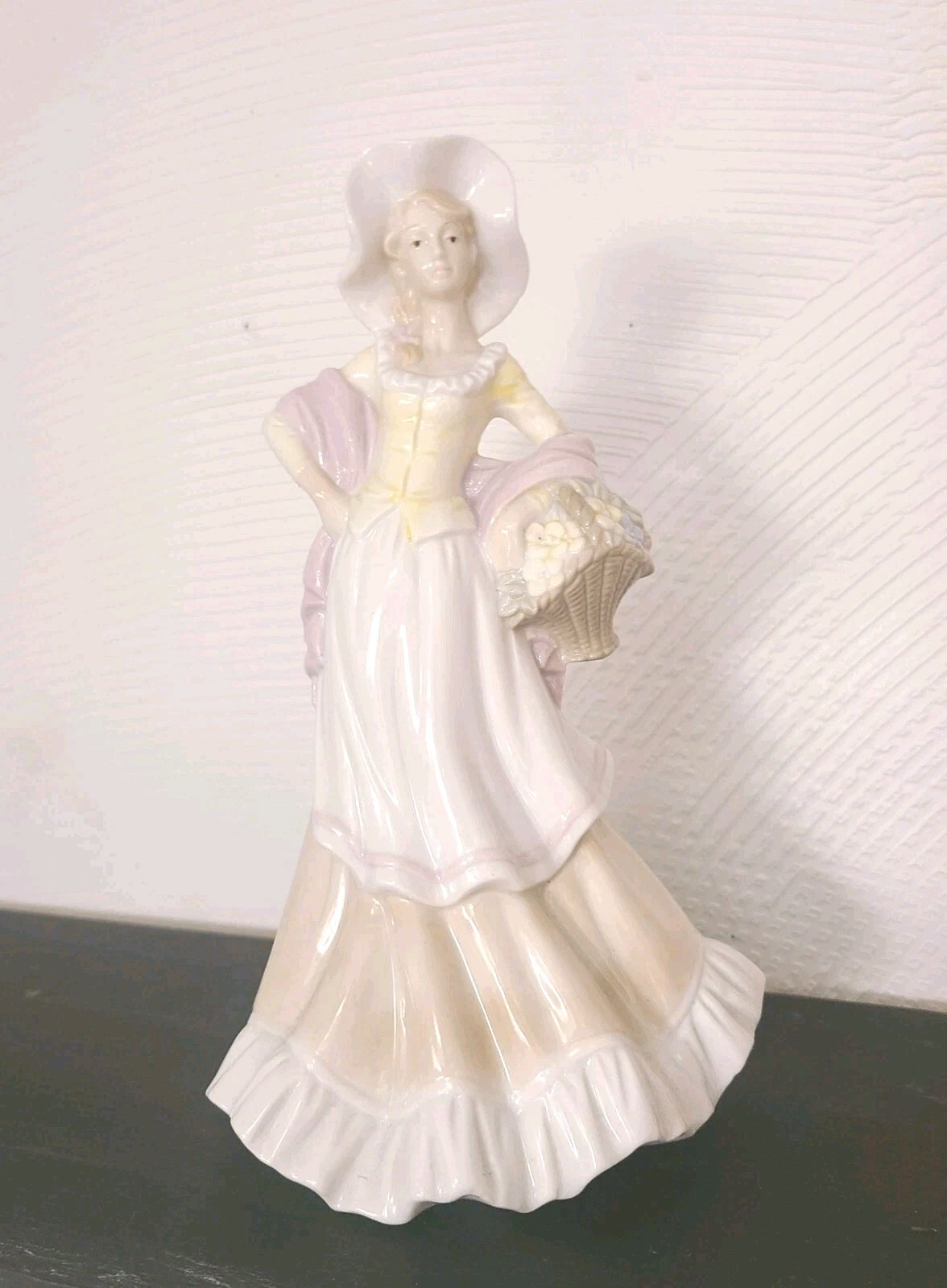Ceramic Lady With Basket Of Flowers Figurine Pastels Cottage Core Country