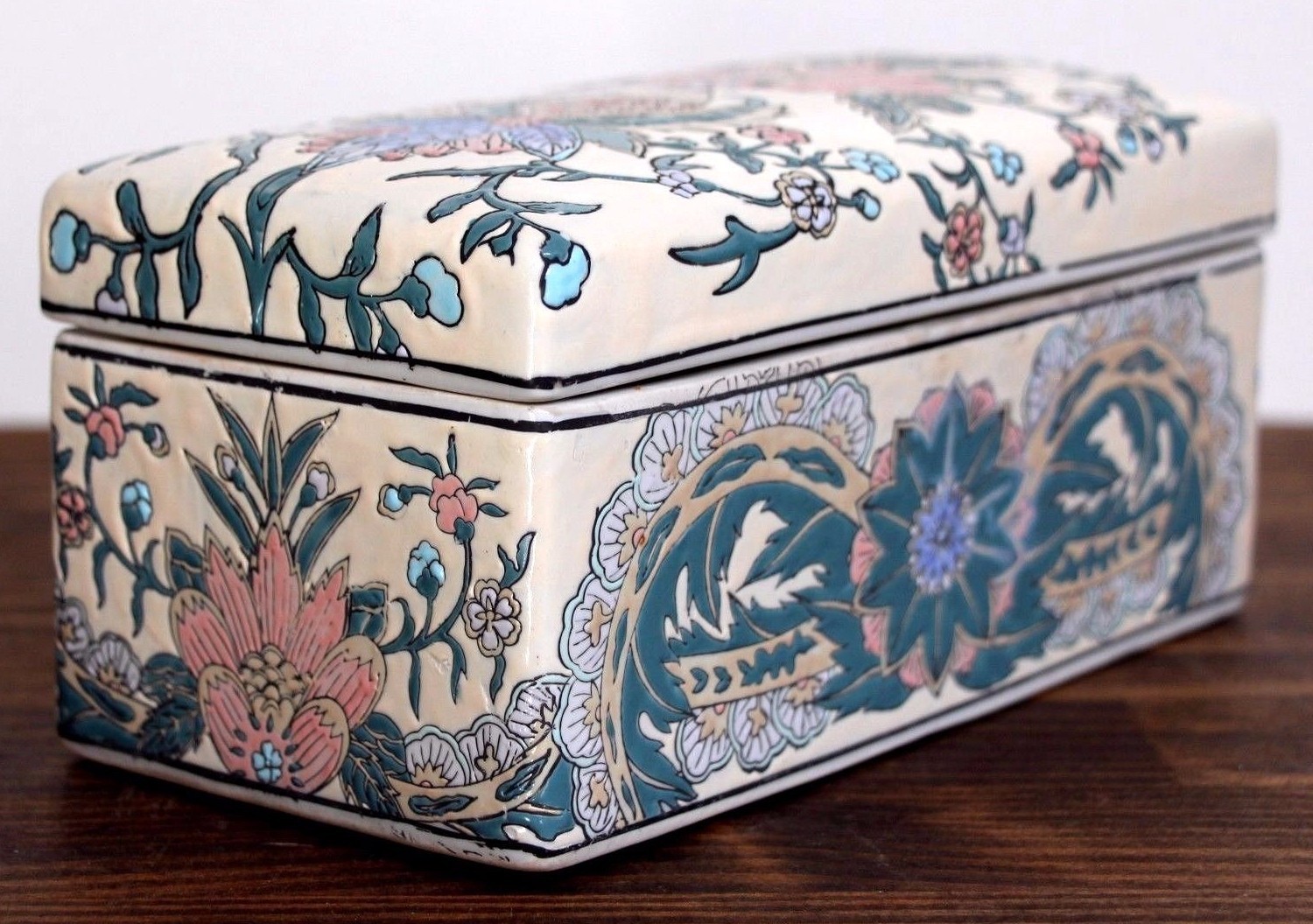 XL ANDREA by SADEK BLUE PINK CHINESE JADE PORCELAIN DRESSER TRINKET JEWELRY BOX