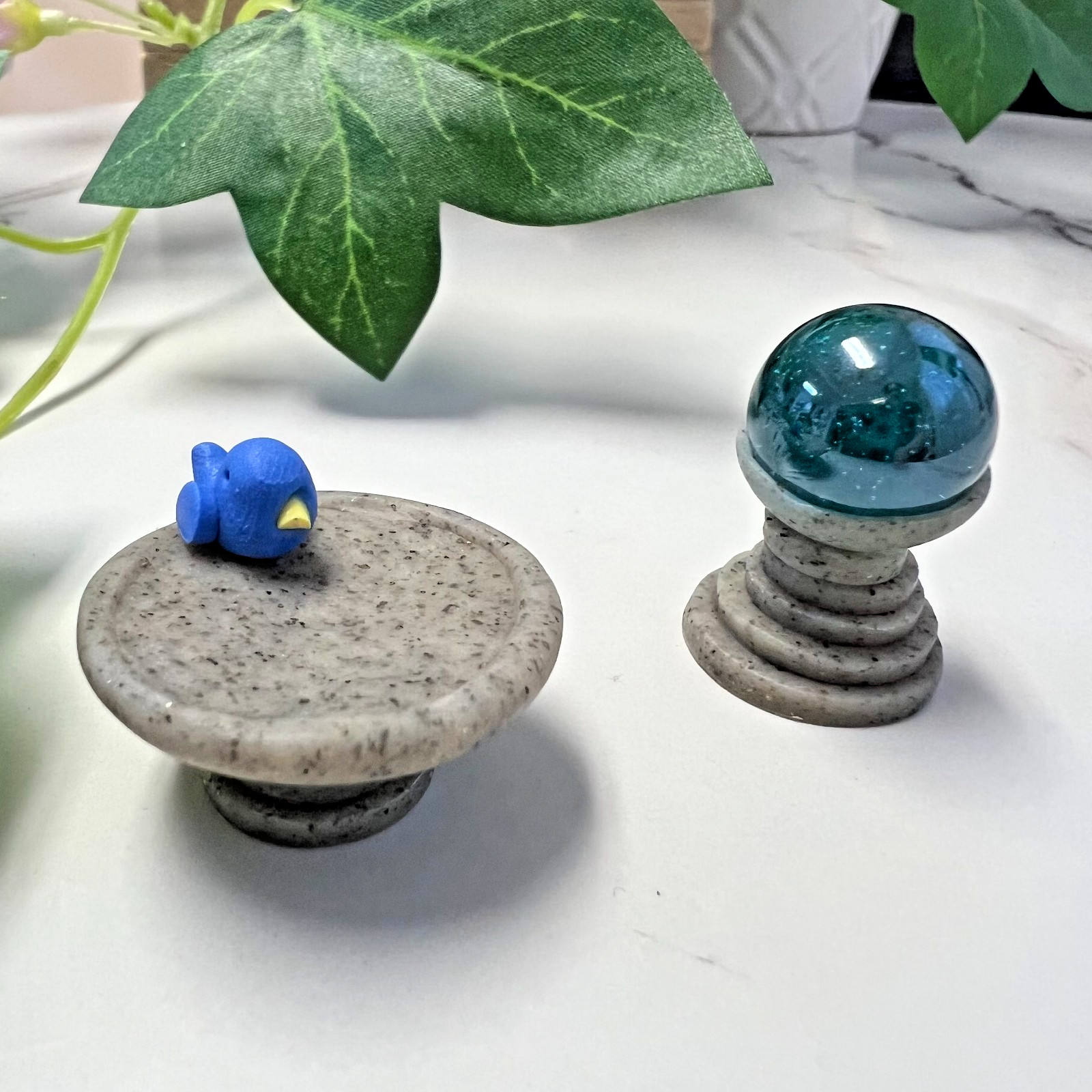 Miniature Birdbath with Blue Bird Pedestal & glass Sphere fairy garden whimsical