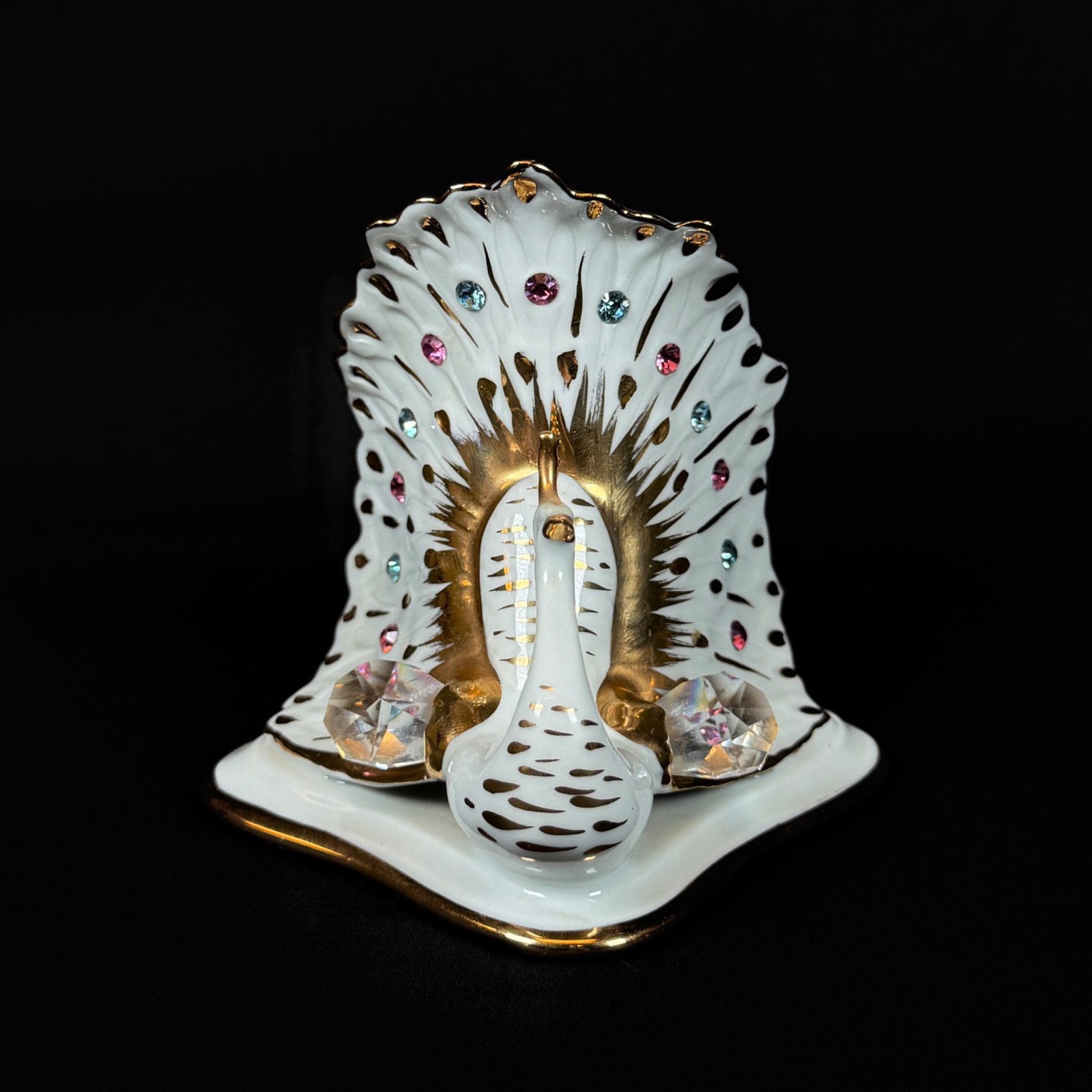 Vintage Capodimonte Porcelain Peacock Figurine W Swarovski Crystal Accents