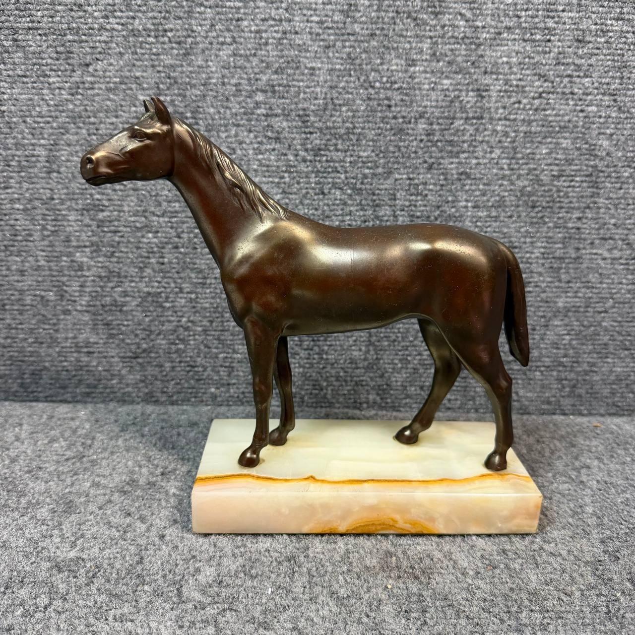 Vintage Bronze Horse Sculpture Figurine Onyx Stone Base Decor 3.74 lb
