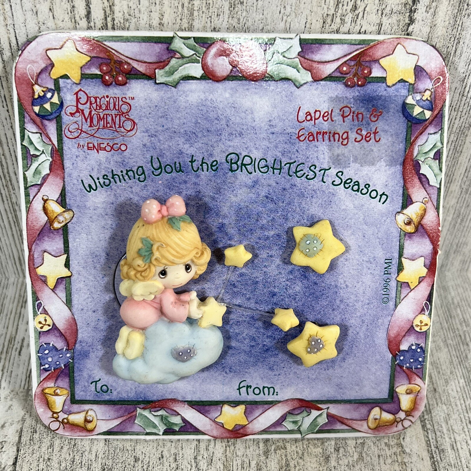 Precious Moments Lapel Pin & Earring Set “Wishing You the BRIGHTEST Season” 1996