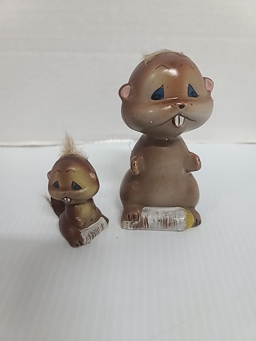 Vintage Beaver Mom And Child Set 1950s Japan Ceramic Figurine Real Fur Tail Hair