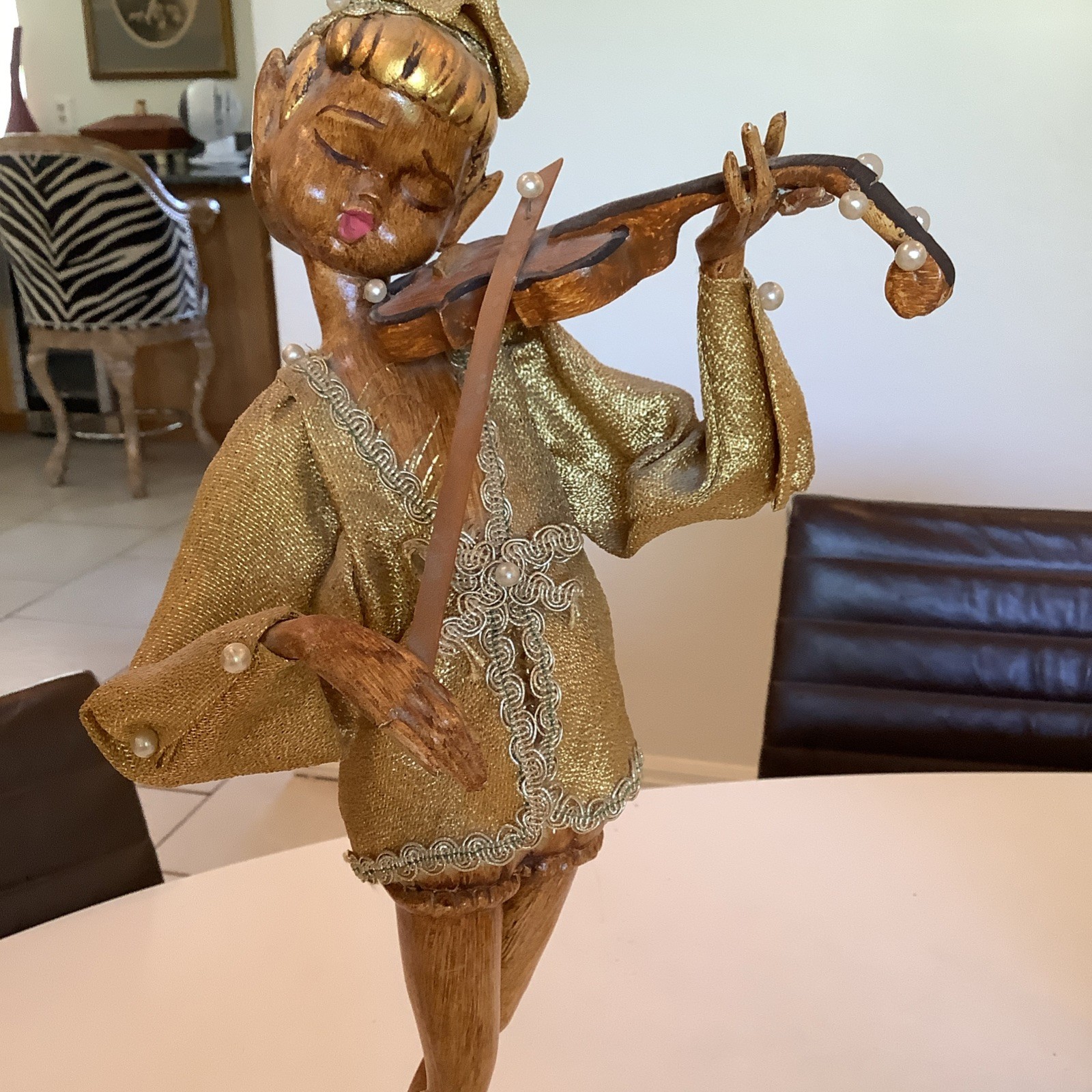 MCM Gilt Wood Composite 17.5” Pixie Elf Playing Violin Hollywood Regency