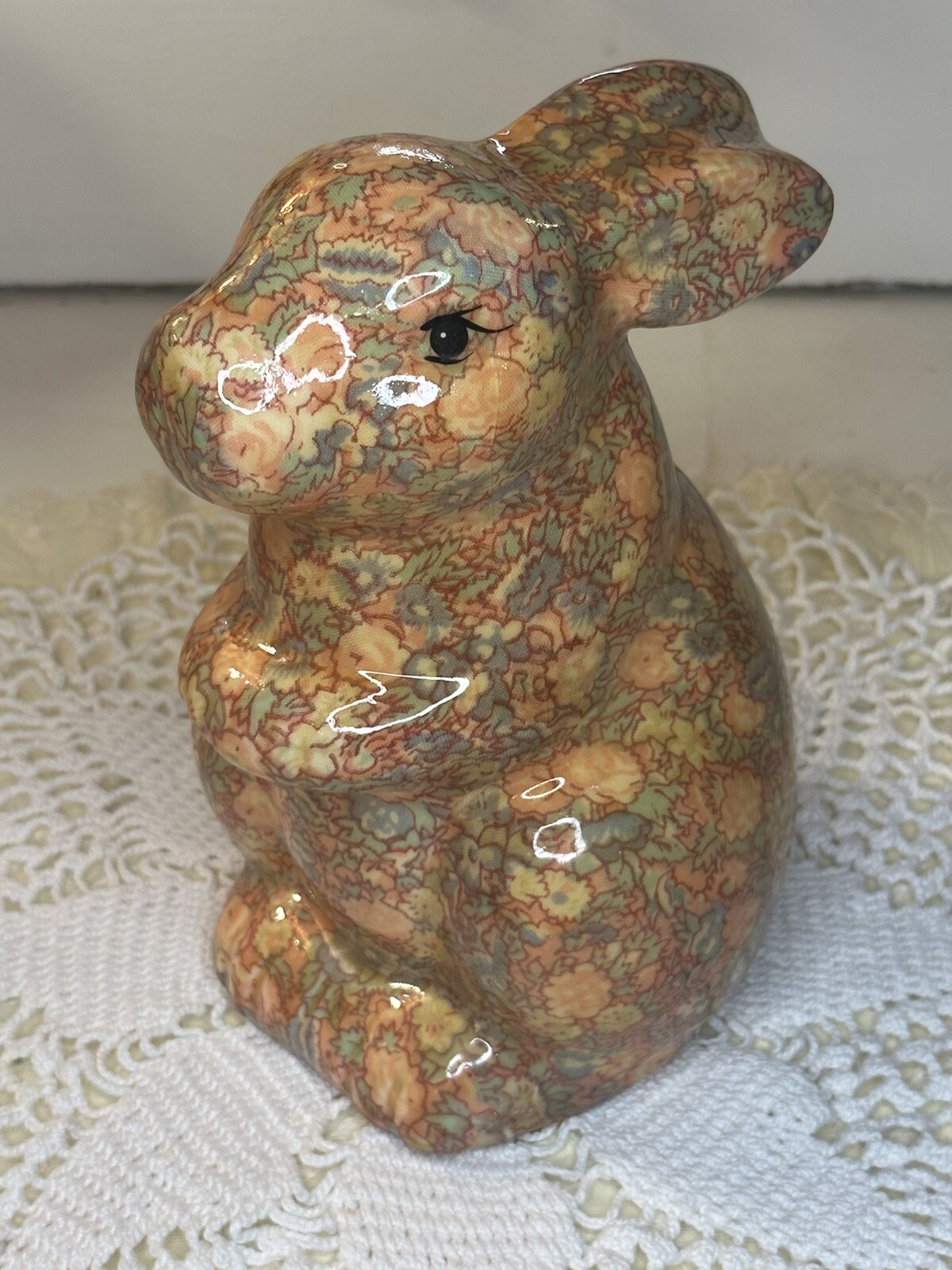 Vintage Decoupage Glazed Floral Bunny Rabbit Figurine