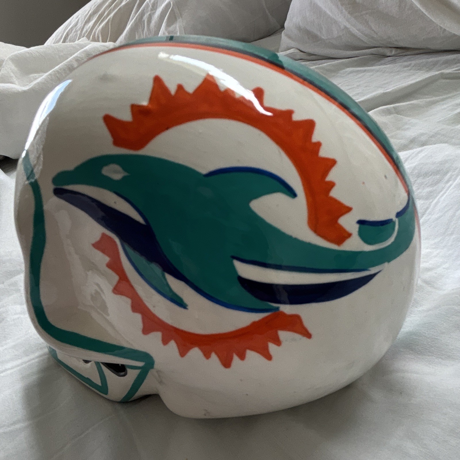 Miami Dolphins Decor Ceramic Sugar Skull Figurine Painted White Teal Orange