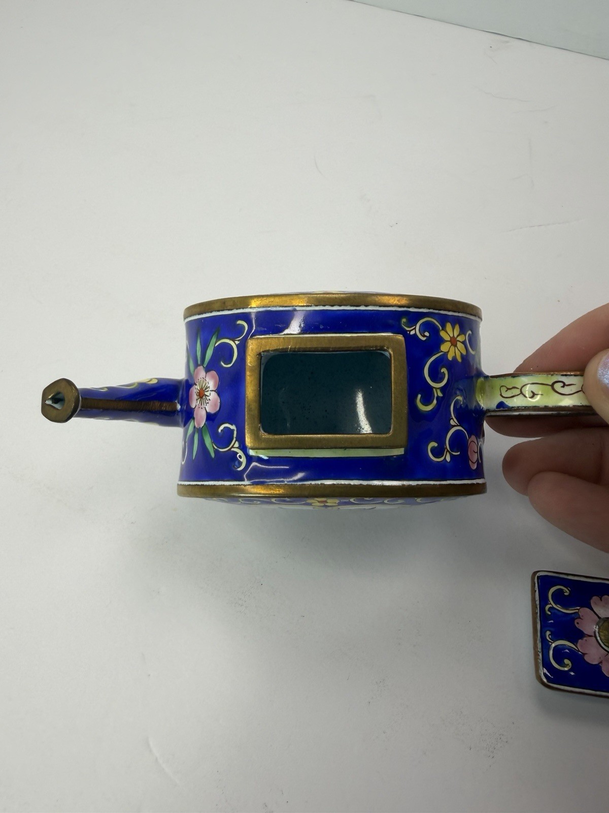 Kelvin Chen Miniature Mini Enamel Decorative Teapot Trinket Cats Blue Vintage