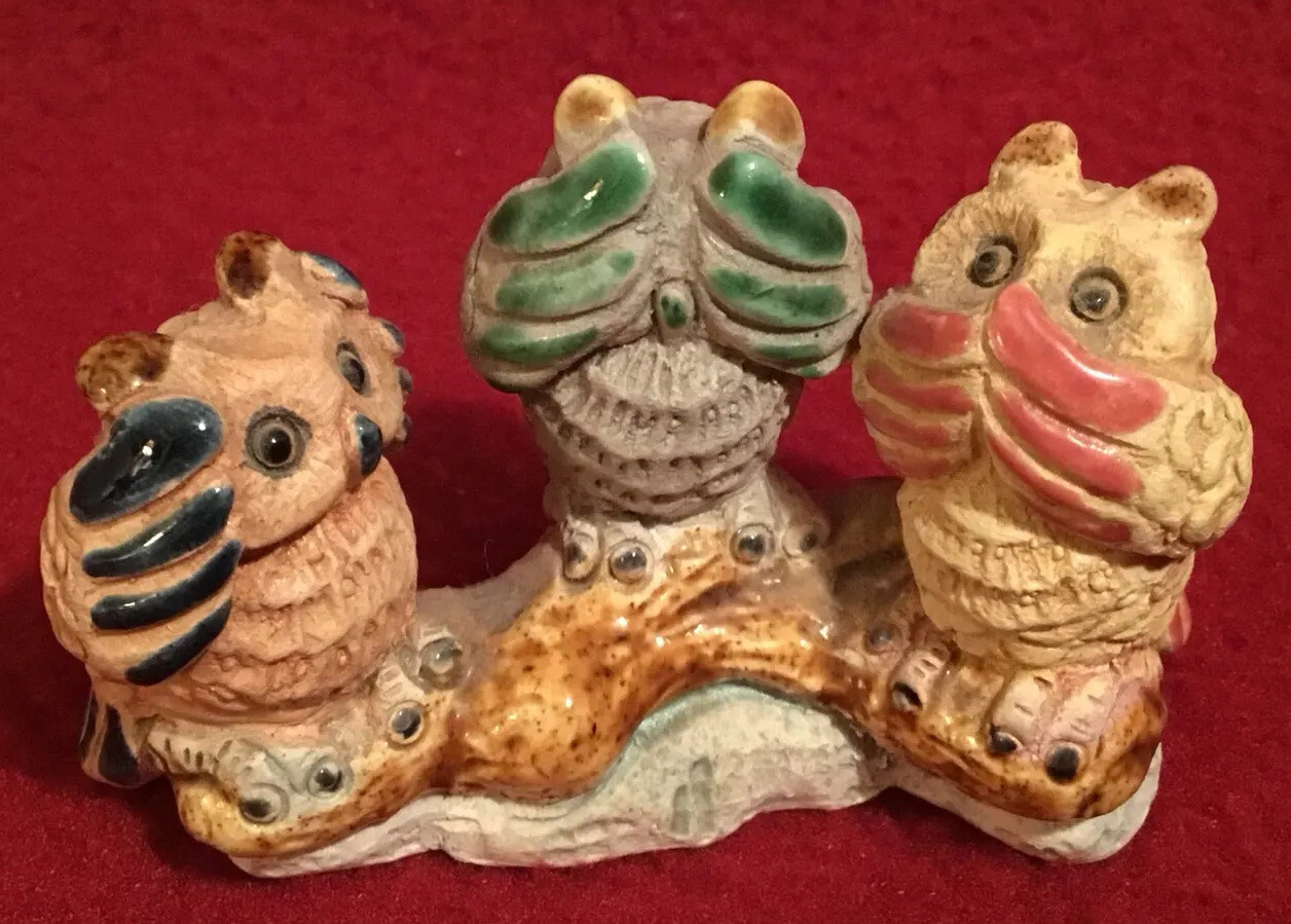 Owls “See No Evil” miniature earthenware figure w/glazed details approx. 2.5″