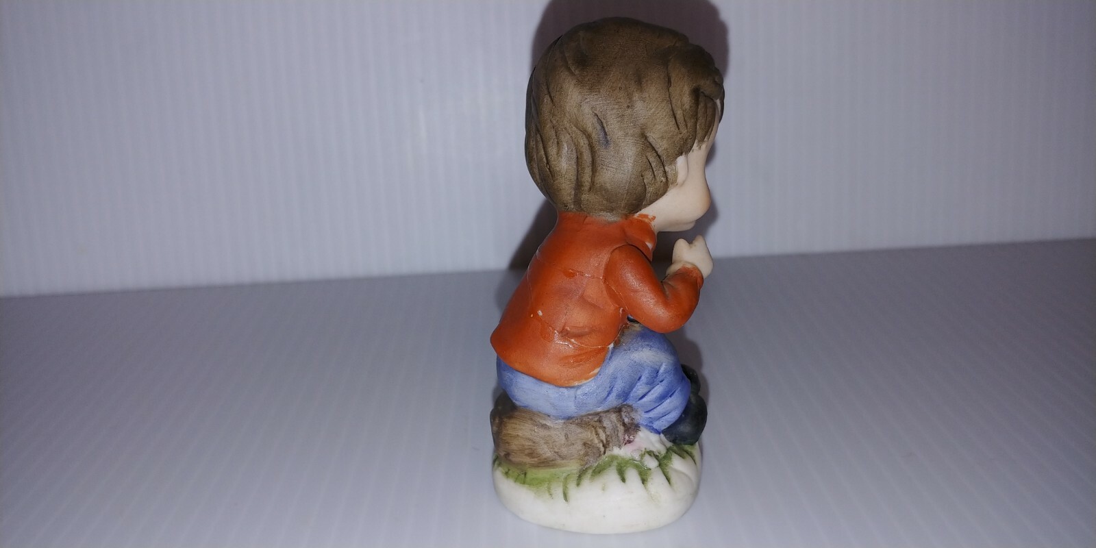 Young Boy Figurine Frog Hand Painted Porcelain Bisque Art Pottery