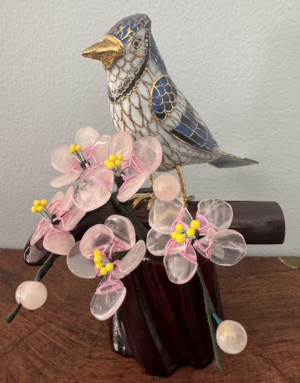 Vintage Pretty Cloisonné Bluejay W Rose Quartz Flowers Figure Perched On Tree