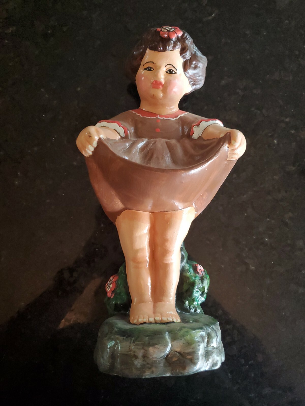 CAFFCO Brunette Girl Figurine Brown Scoop Dress Red Flowers RARE Vintage 12.5 In