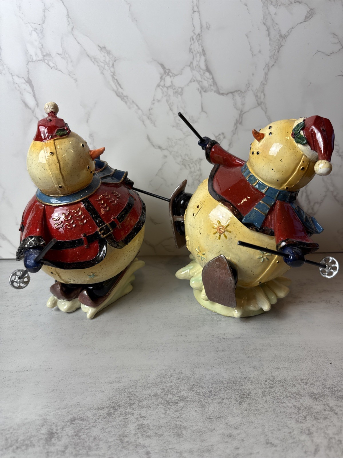 2 Whimsy Kirklands Roly Poly Skiing Snowmen Figurines With Skis and Poles 8”