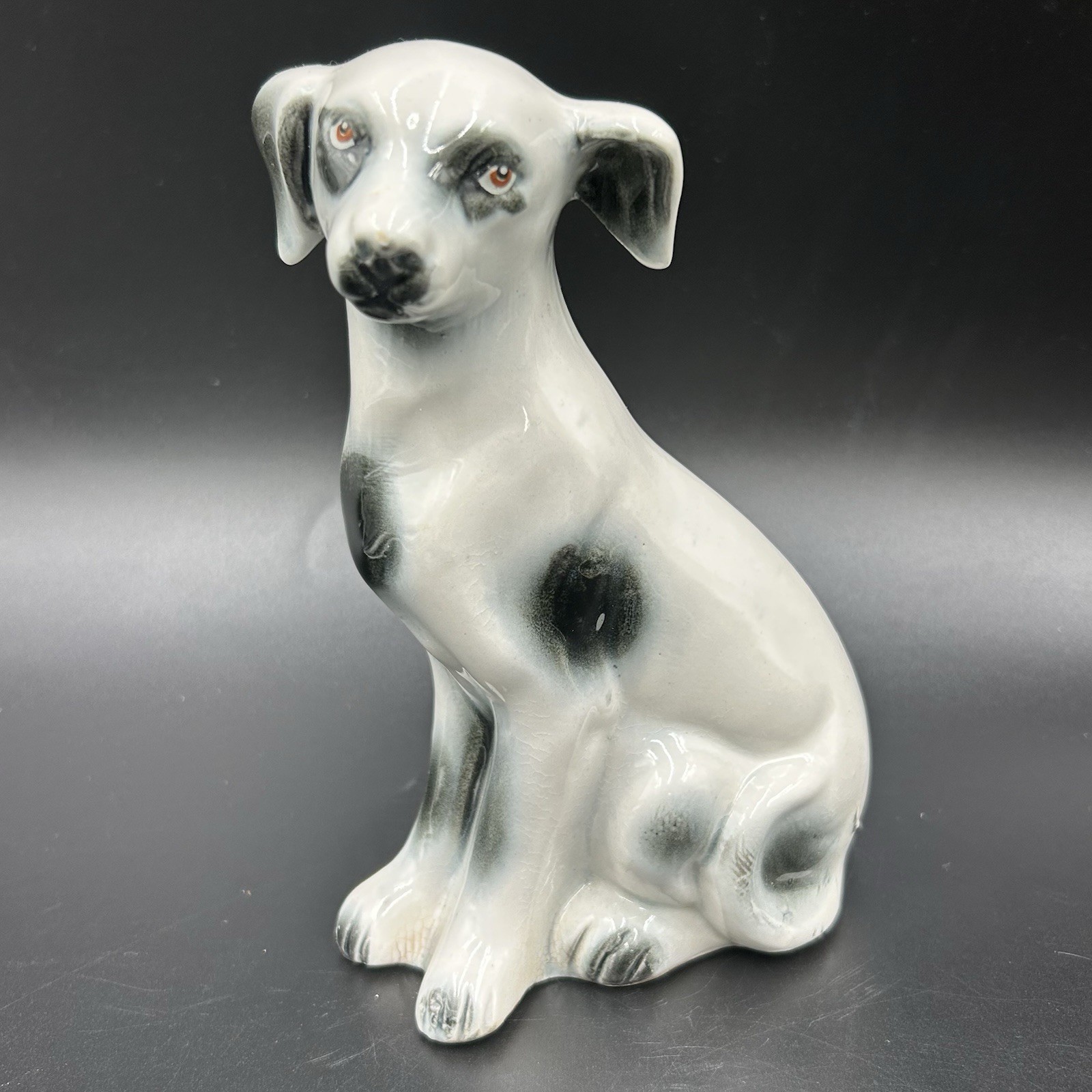 Vintage Ceramic Dog Figurine Brazil Hand Painted Black White Derpy Eyes