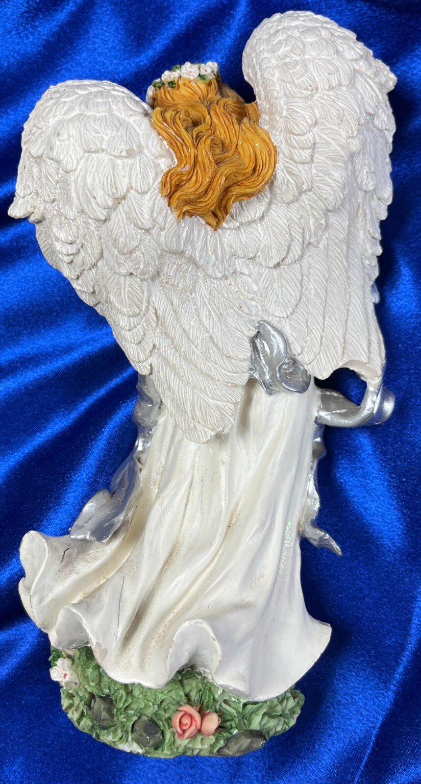 VTG Angel in White & silver, long red Hair Holding flowers(50)