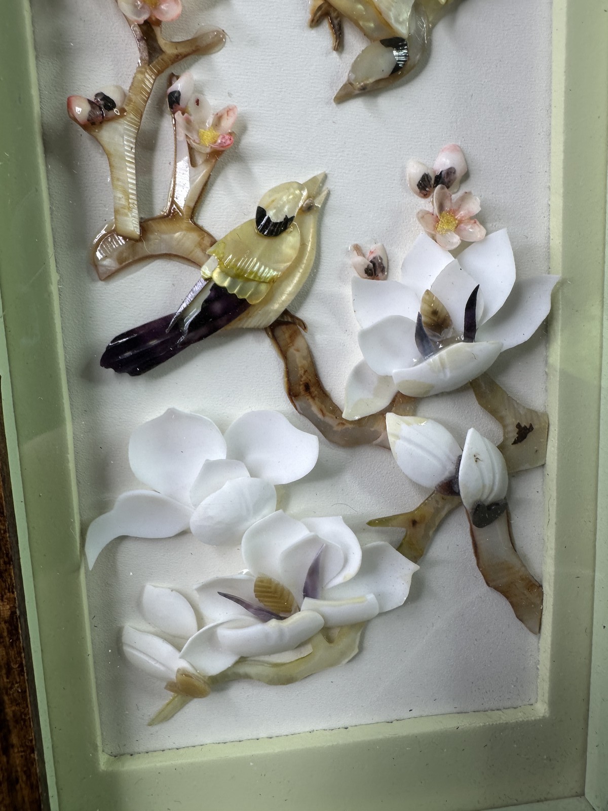 Vintage Asian Shell Art Shadow Box Frame Birds & Cherry Blossoms Wall Decor