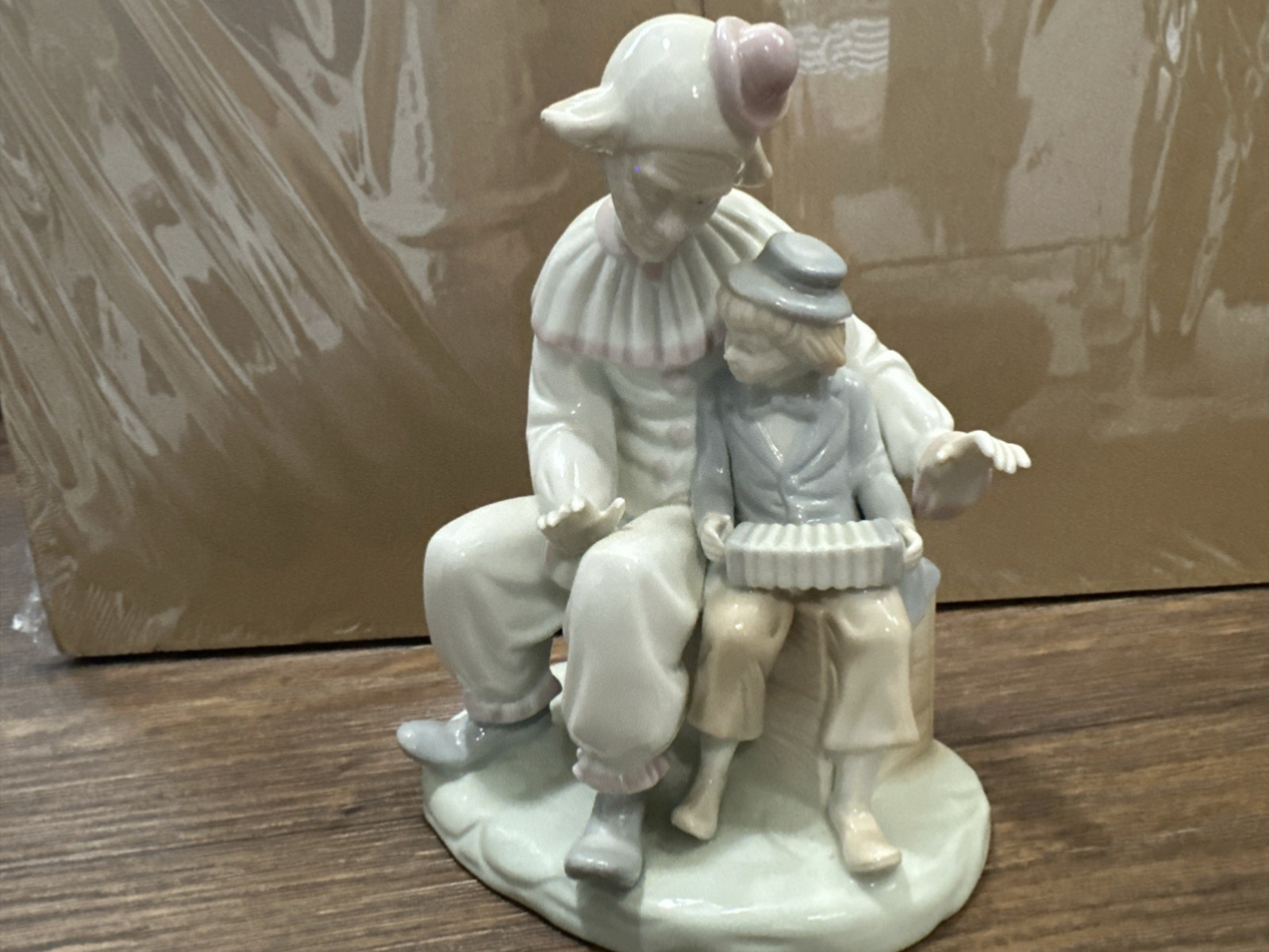 Paul Sebastian’s Clown and Boy Accordion Lesson Porcelain Figurines Lladro Style