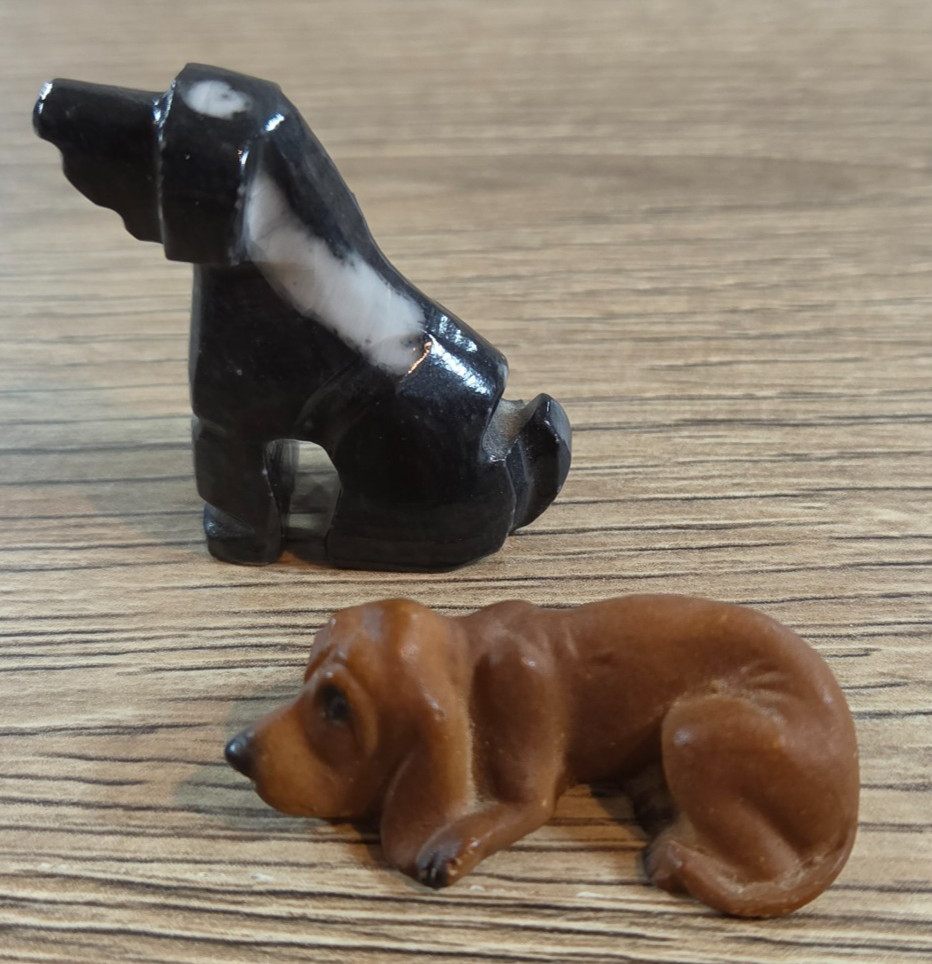 Vintage Miniature Stone & Resin Dog Figurines Hound and Black Lab Puppy Set of 2