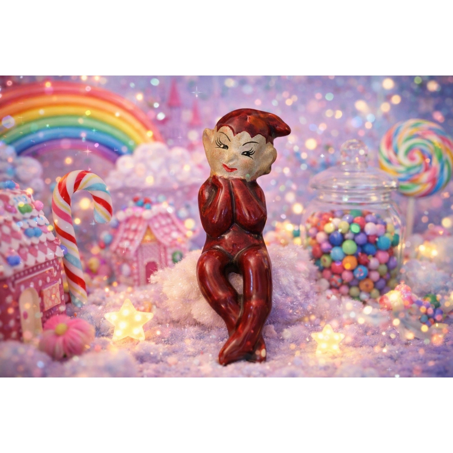 Vintage 1950s Gilbert Elf “Pinkie” Figurine Maroon Ceramic Pixie Japan Christmas